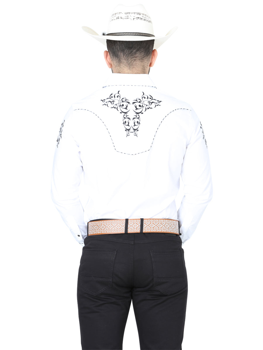 Camisa Manga Larga El General Bordado Vaquero Blanco/Negro