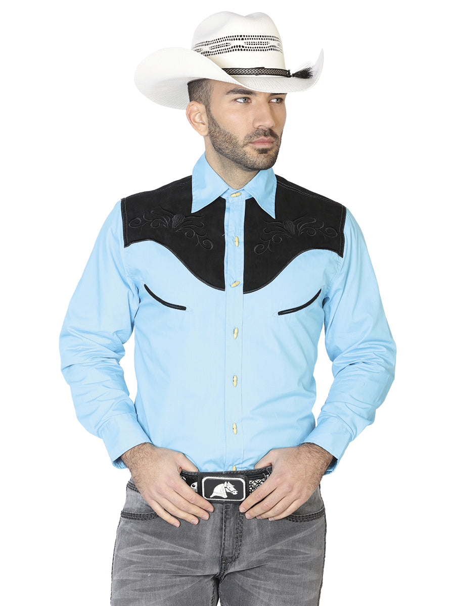 Camisa Manga Larga El General Ante/Bordada 55% 45%Polyester Azul