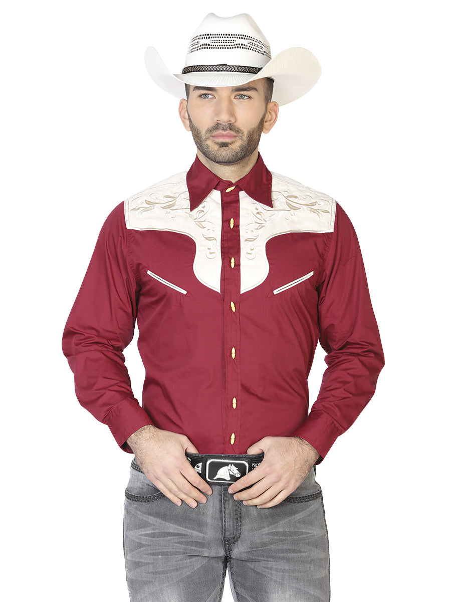 Camisa Manga Larga El General Ante/Bordada 55% 45%Polyester Vino