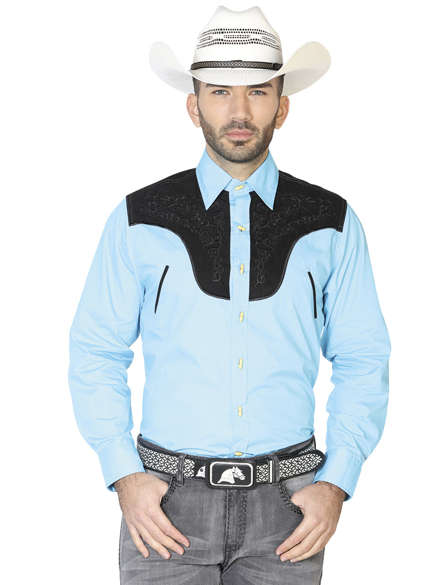 Camisa Manga Larga El General Ante/Bordada 55% 45%Polyester Azul