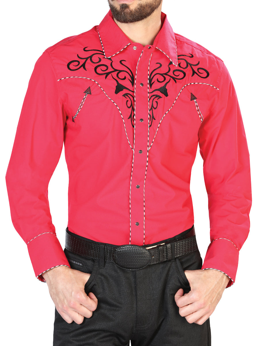 Camisa Manga Larga El General Bordado Vaquero Rojo/Negro