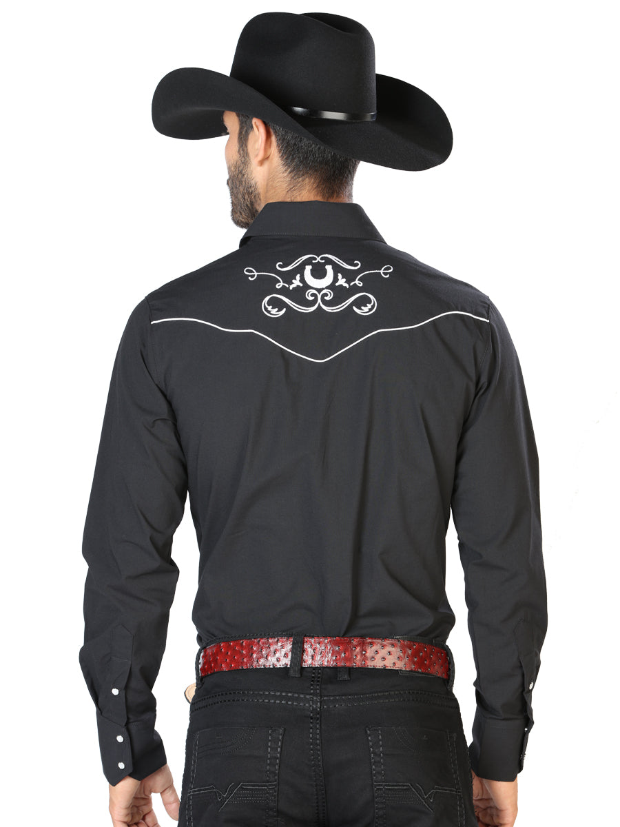 Camisa Manga Larga El General Bordado Vaquero Negro/Blanco