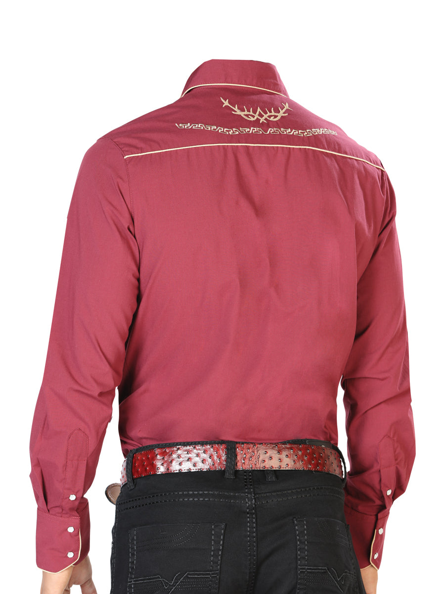 Camisa Manga Larga El General Bordado Vaquero Burgandy/Dorado