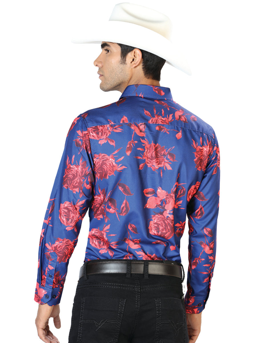 Camisa Vaquera de Hombre El Señor de los Cielos Manga Larga Casual en 97% Poliéster 3% Spandex Color Azul/Rojo 43563