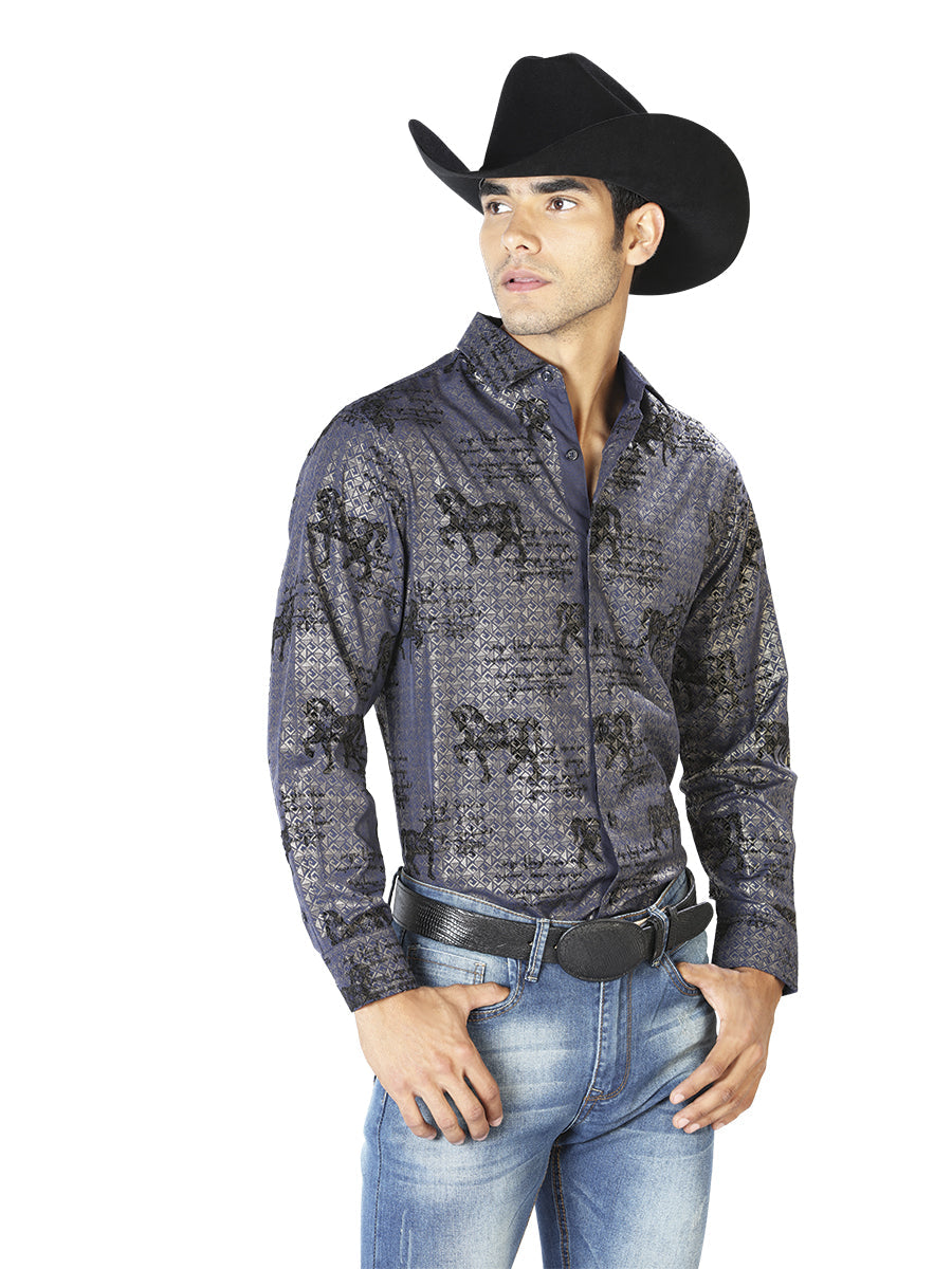 Camisa Manga Larga Azul Marino Casual Manga Larga