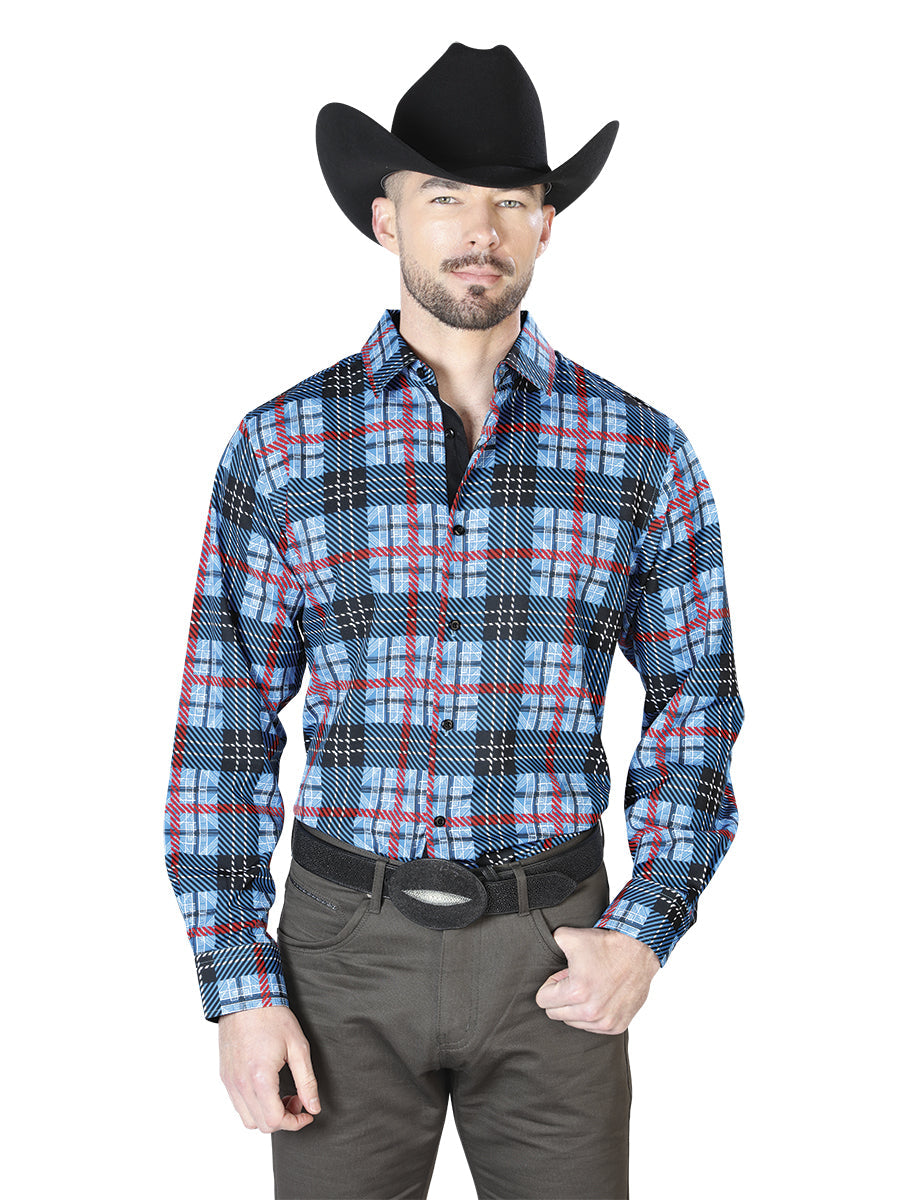 Camisa Manga Larga Azul Y Checkers Casual Manga Larga