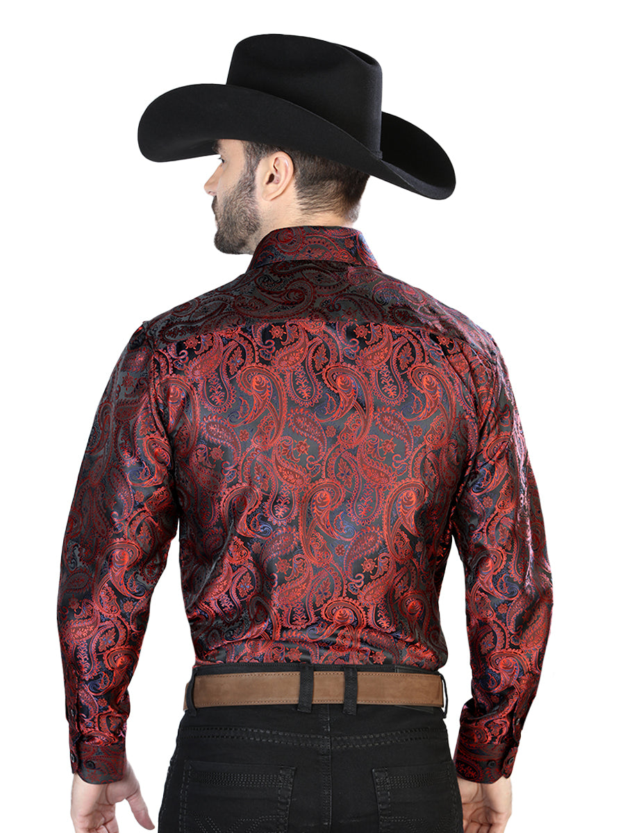Camisa Vaquera de Hombre El Señor de los Cielos Manga Larga Casual en 100% Microfibra Color Rojo/Negro 43708