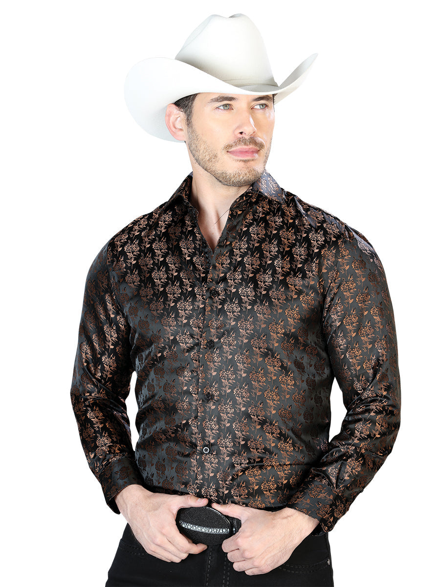 Camisa Vaquera de Hombre El Señor de los Cielos Manga Larga Casual en 100% Microfibra (Poliéster) Color Negro/Café 43759