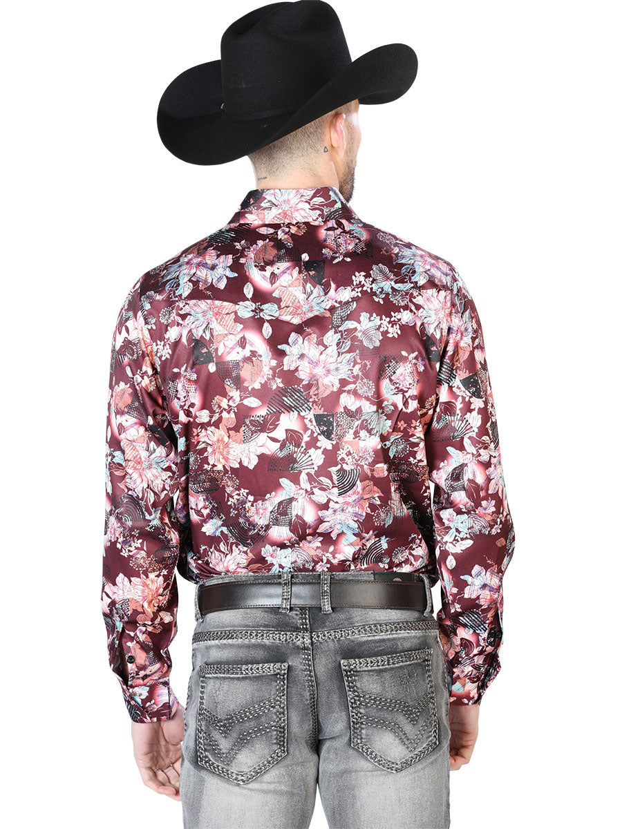 Camisa Manga Larga Vino Y Beige Flor Estampado Casual Manga Larga
