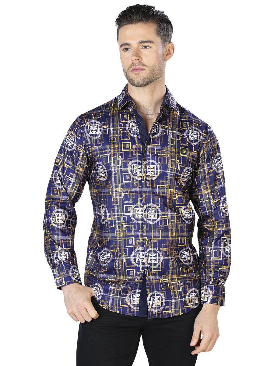 Camisa Manga Larga Azul Marino Y Dorado Casual Manga Larga