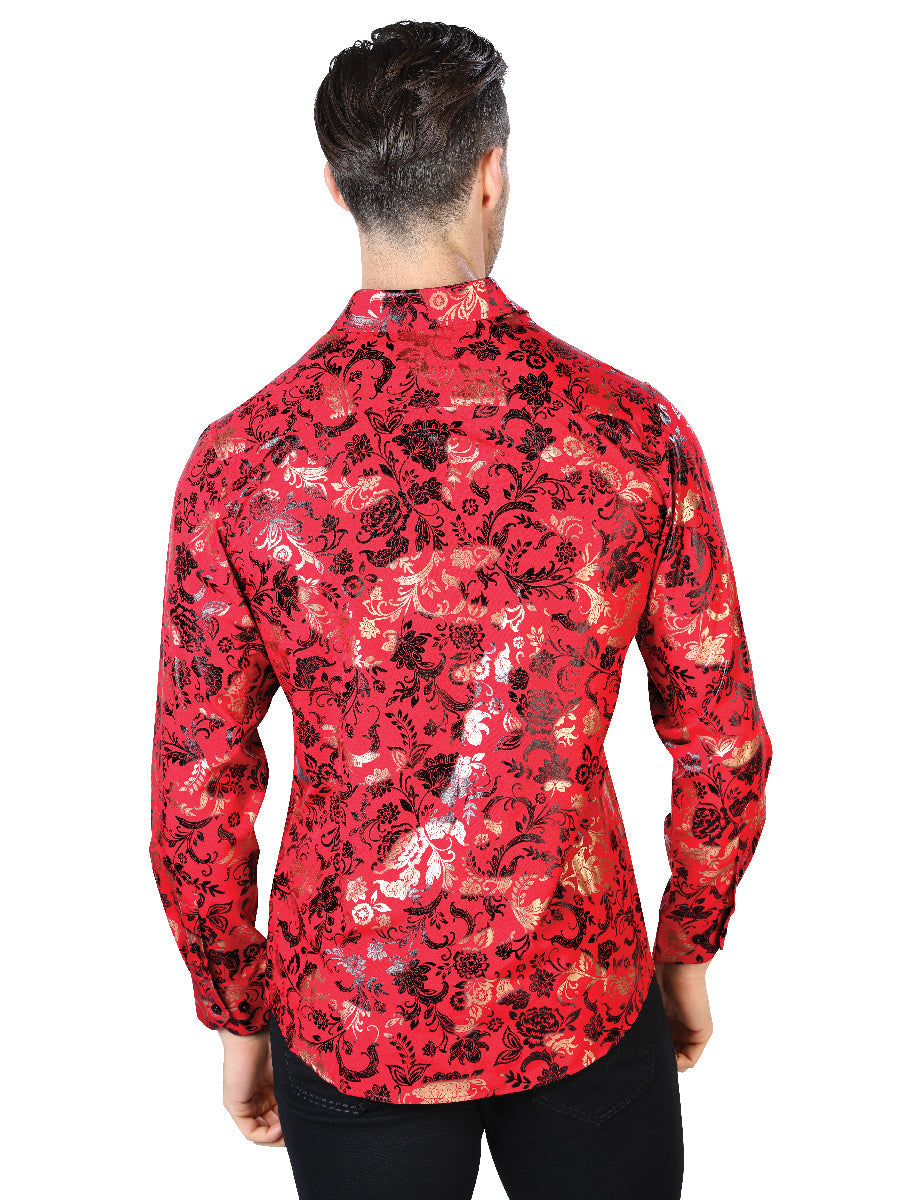 Camisa Manga Larga Rojo Y Dorado Casual Manga Larga