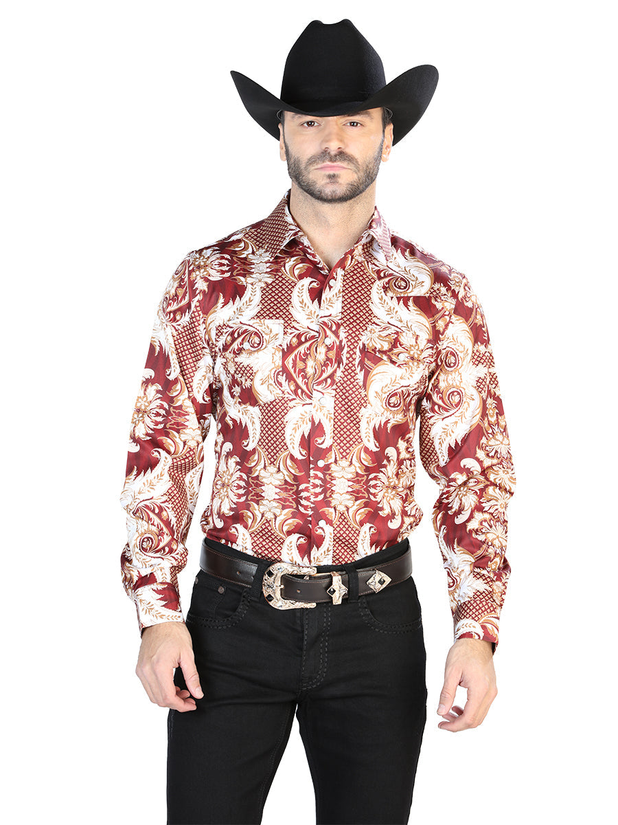 Camisa Manga Larga BorgoñA Y Dorado Casual Manga Larga