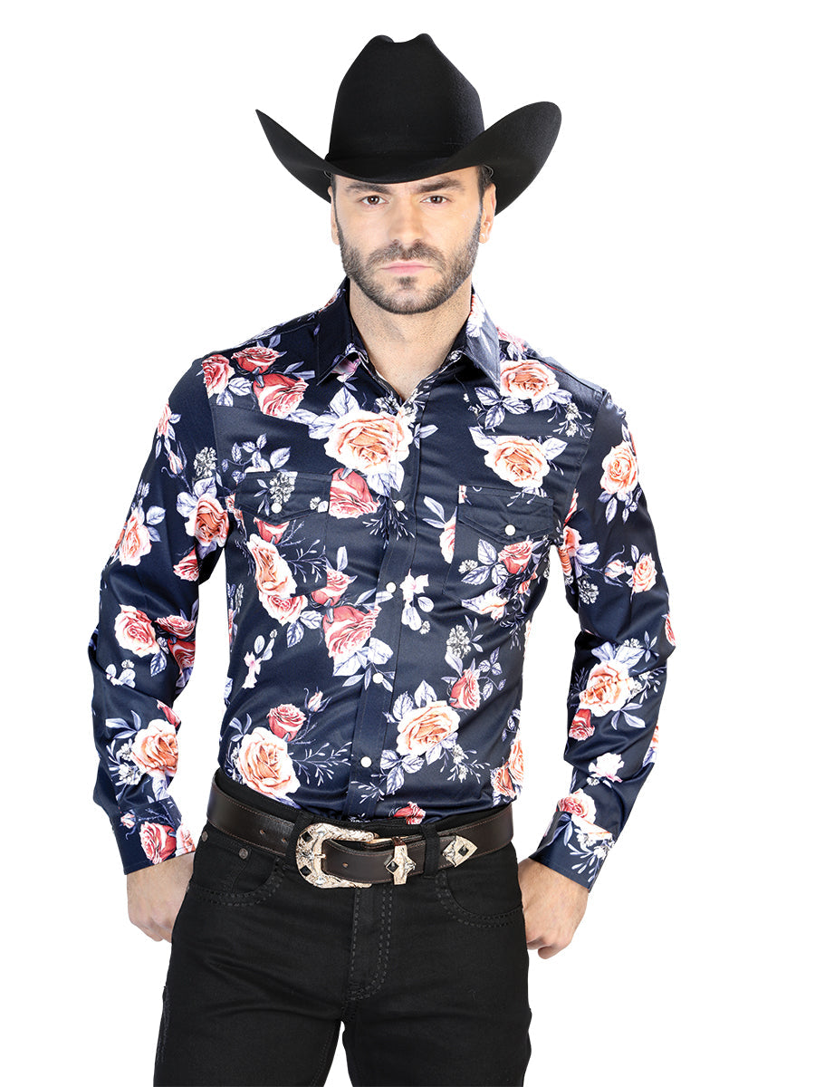 Camisa Manga Larga Azul Marino/Roses Casual Manga Larga