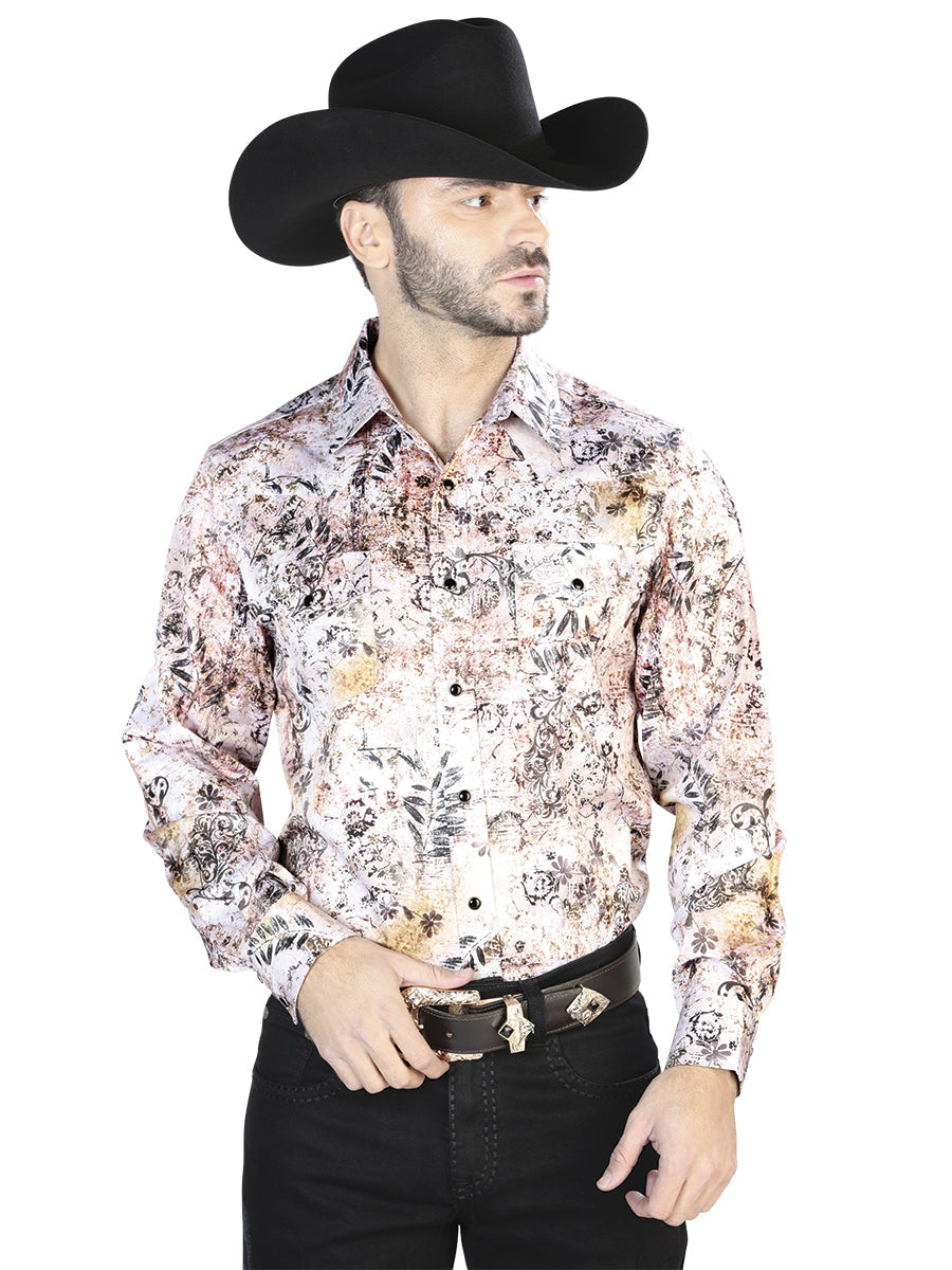 Camisa Manga Larga Blanco Y Café Casual Manga Larga