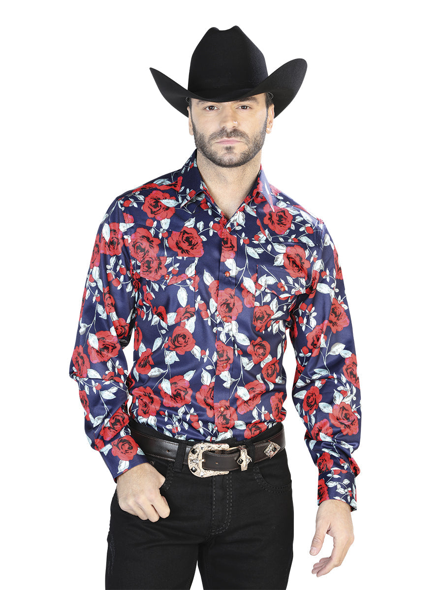 Camisa Manga Larga Azul Con Estampado Roses Casual Manga Larga