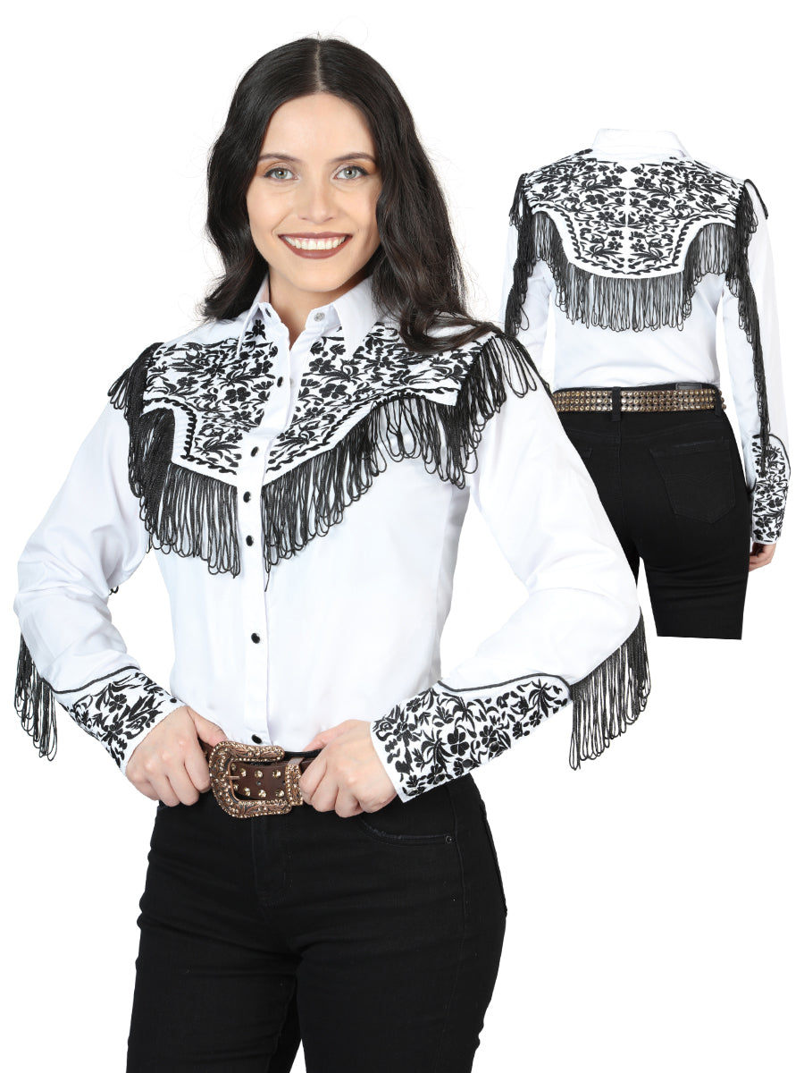 Dama Fringe Blanco Bordado Vaquero Style Blusa