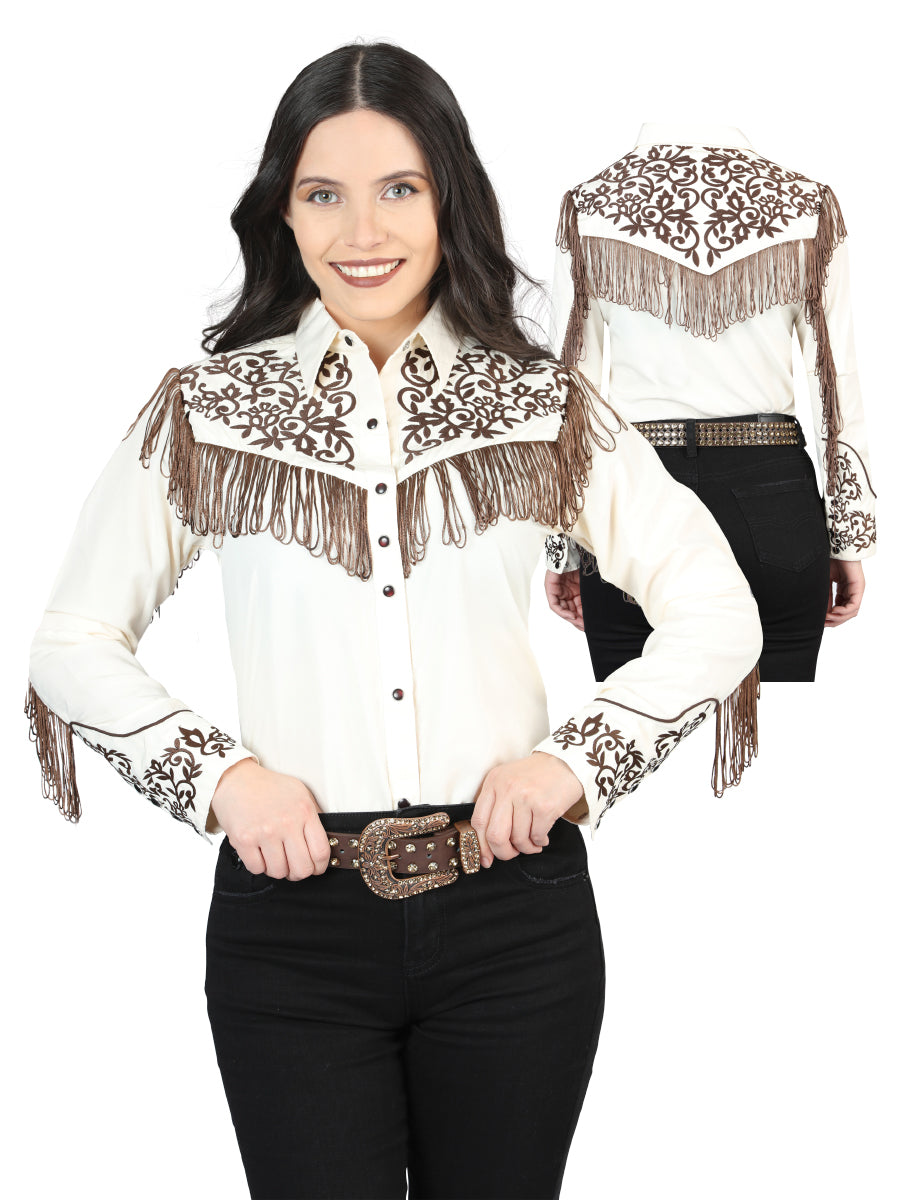Dama Fringe Beige Bordado Vaquero Style Blusa
