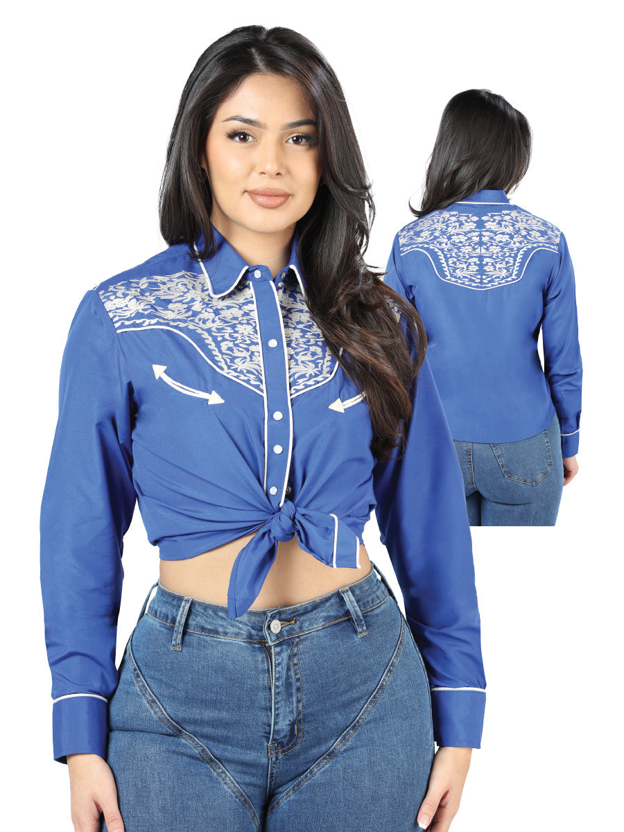 Dama Royal Azul Bordado Vaquero Style Blusa