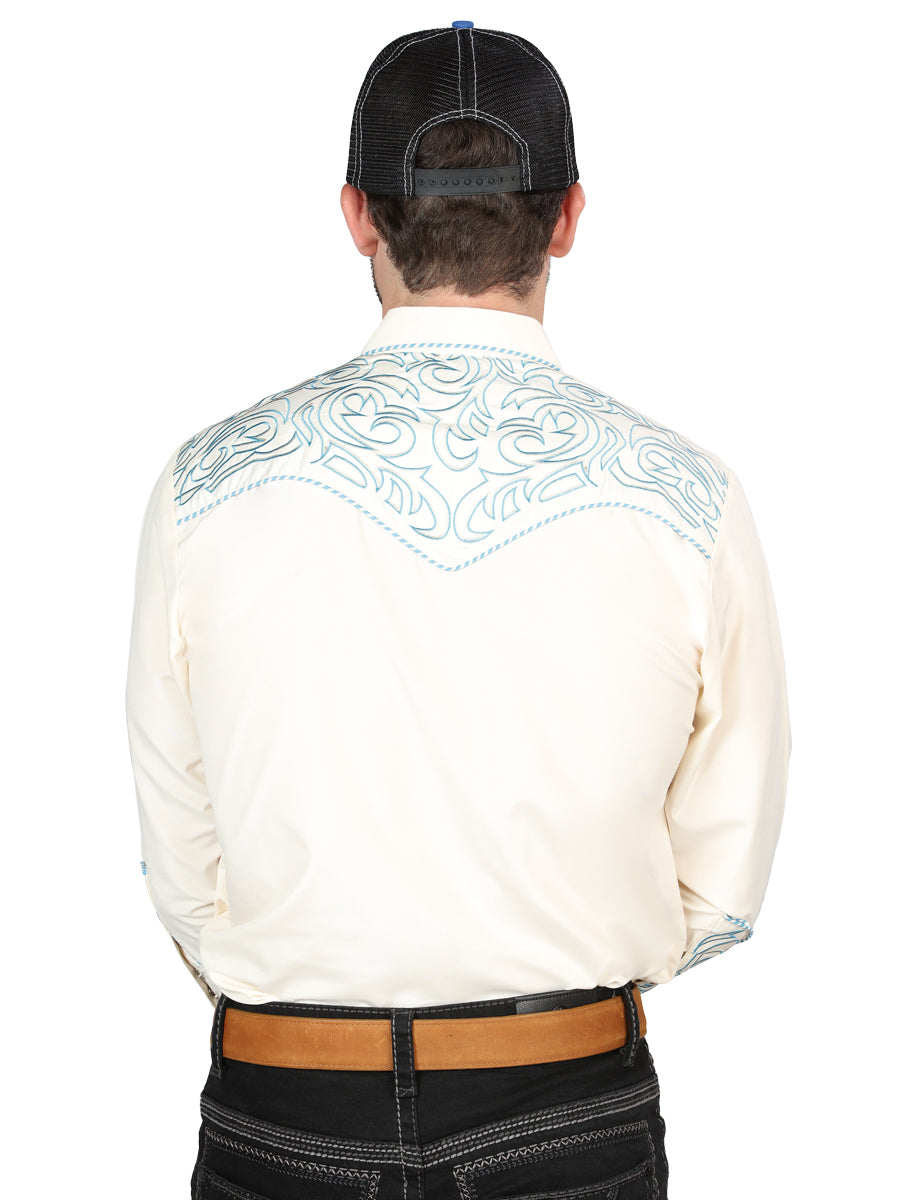 Camisa Manga Larga El General Bordado Vaquero Beige/Azul