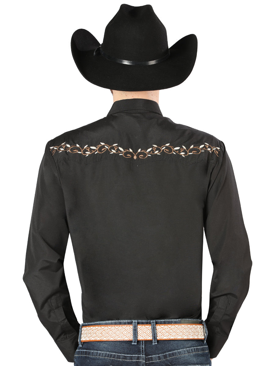 Camisa Manga Larga El General Bordado Vaquero Negro/Dorado