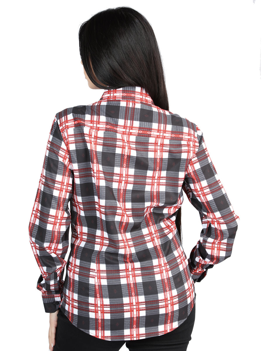 Camisa Vaquera de Mujer El Señor de los Cielos Manga Larga Casual en 97% Poliéster 3% Spandex Color Blanco/Rojo 44724