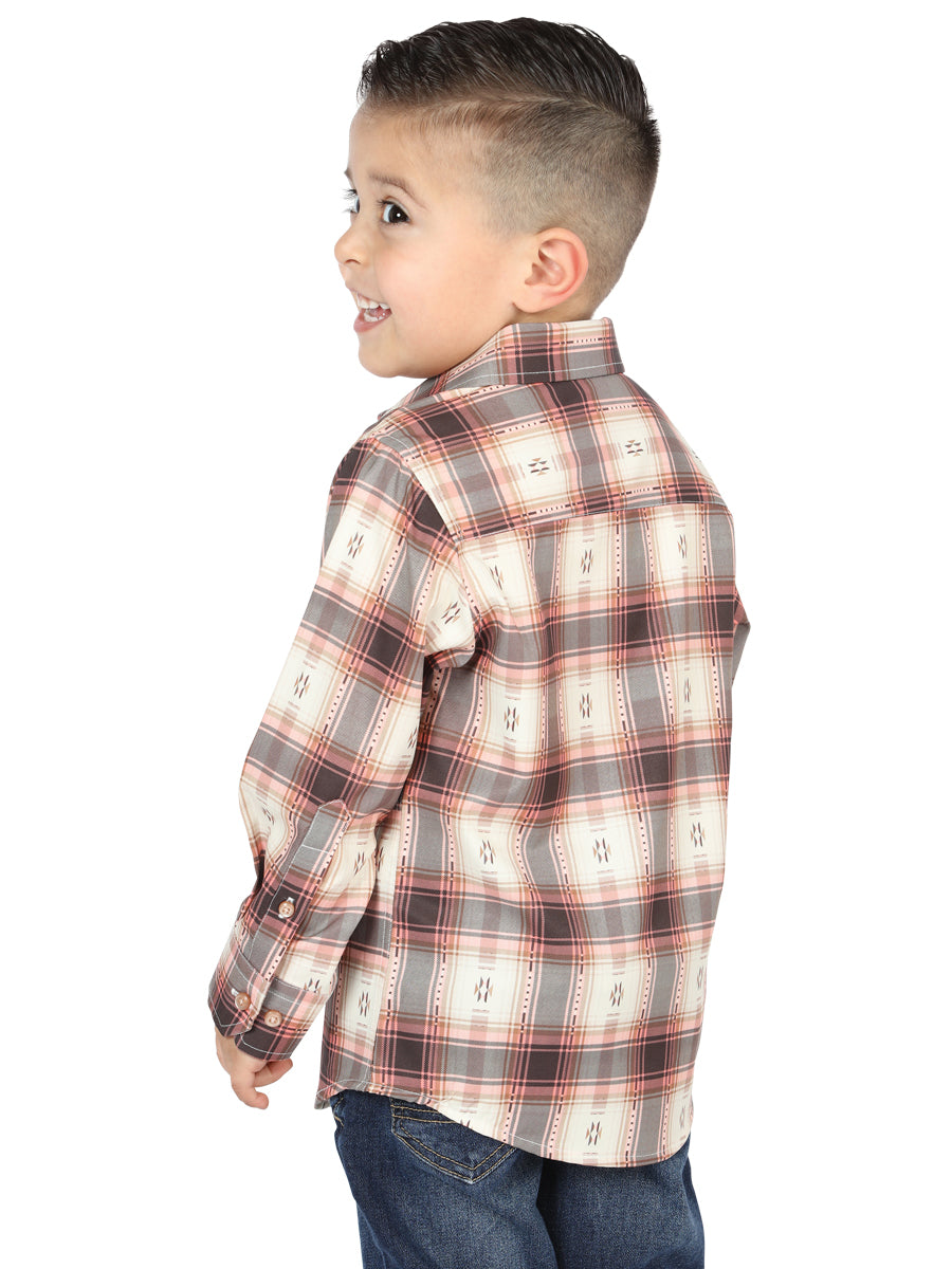 Camisa Vaquera de Niño El Señor de los Cielos Manga Larga Casual en 97% Poliéster 3% Spandex Color Naranja/Beige 44733