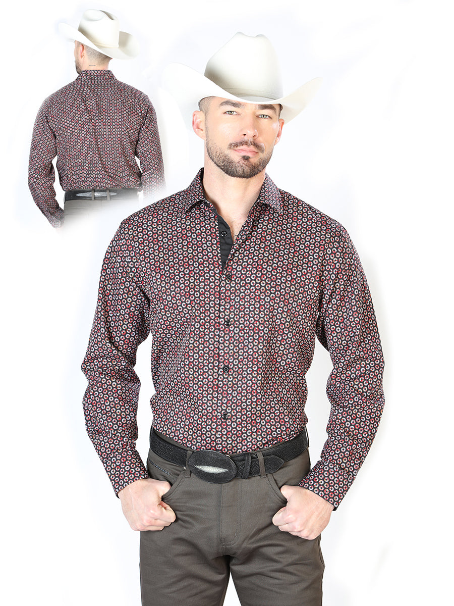 Camisa Vaquera de Hombre Centenario Manga Larga Casual en 95% Poliéster 5% Spandex Color Negro/Rojo 126270