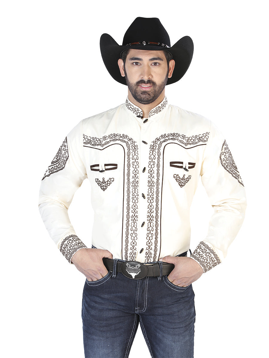 Camisa Vaquera de Hombre El Señor de los Cielos NO.9 Manga Larga Bordada en 65% Poliéster 35% Algodón Color Beige 126690
