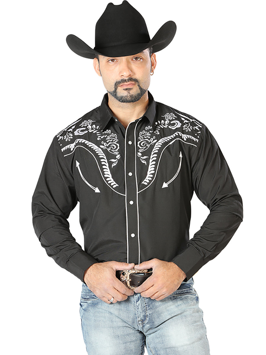 Camisa Vaquera de Hombre El Señor de los Cielos NO.10 Manga Larga Bordada en 65% Poliéster 35% Algodón Color Negro 126691