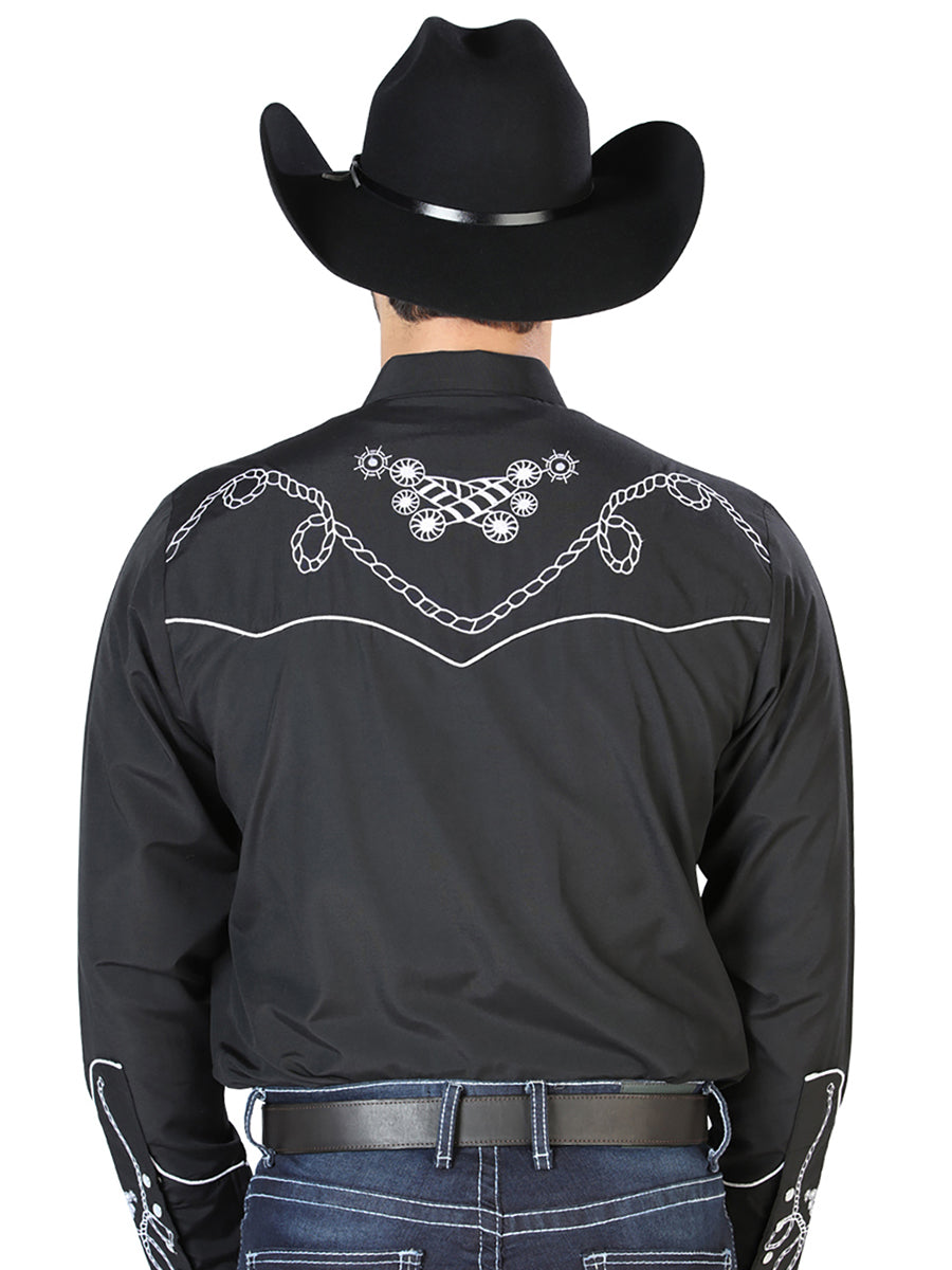 Camisa Vaquera de Hombre El Señor de los Cielos Manga Larga Bordada Casual en 65% Poliéster 35% Algodón Color Negro/Blanco 126717