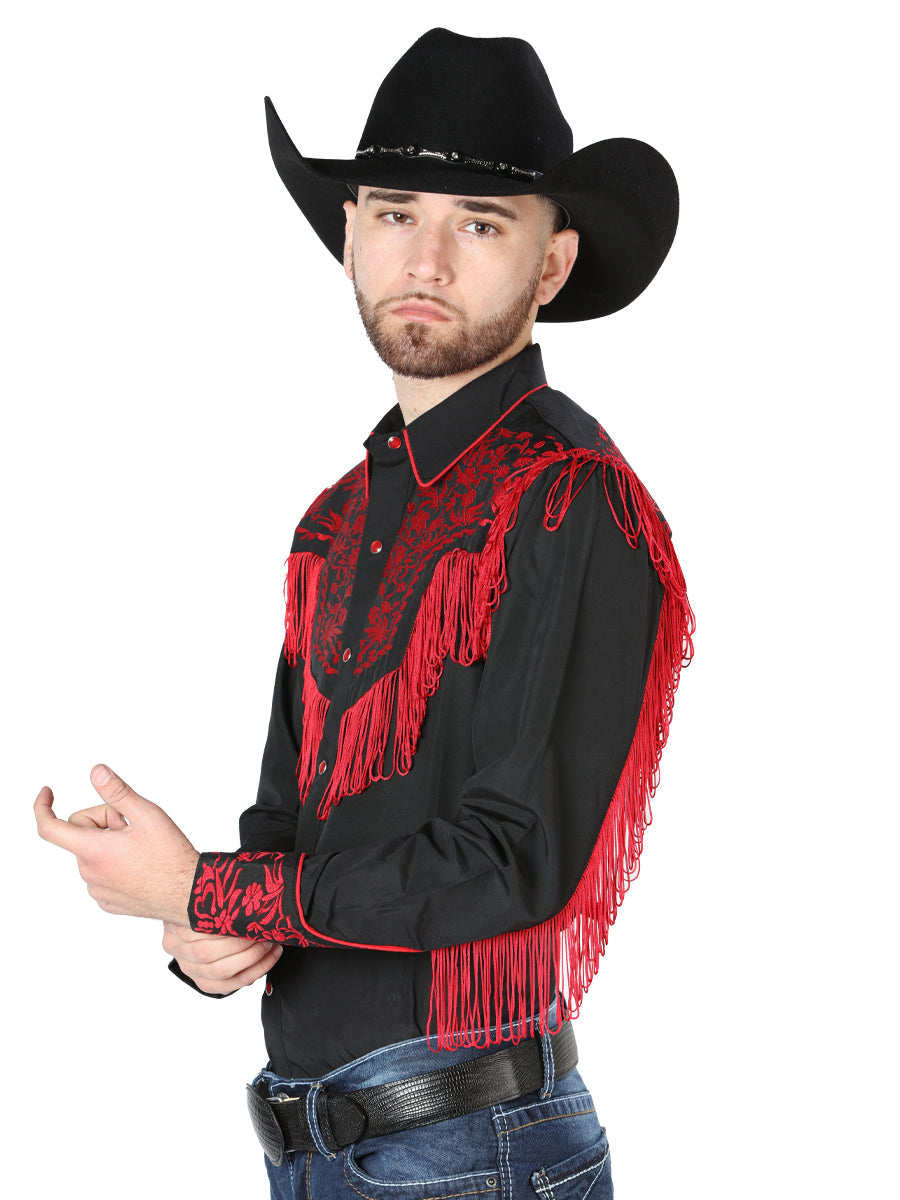 Camisa Vaquera de Hombre El Señor de los Cielos Manga Larga Bordada Casual en 65% Poliéster 35% Algodón Color Negro/Rojo 126726