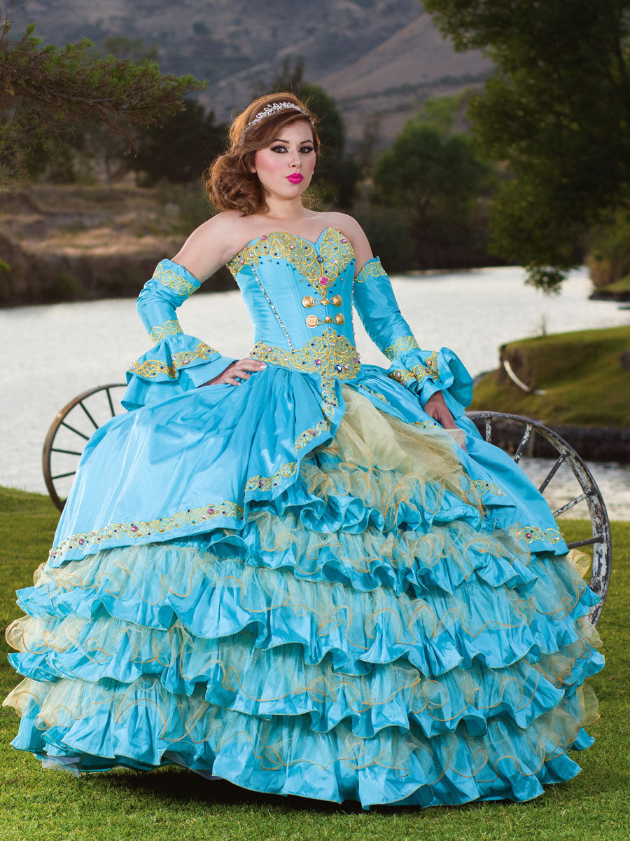 Vestido De QuinceañEra Joanini Ch 03 % Azul Turqueza/Oro