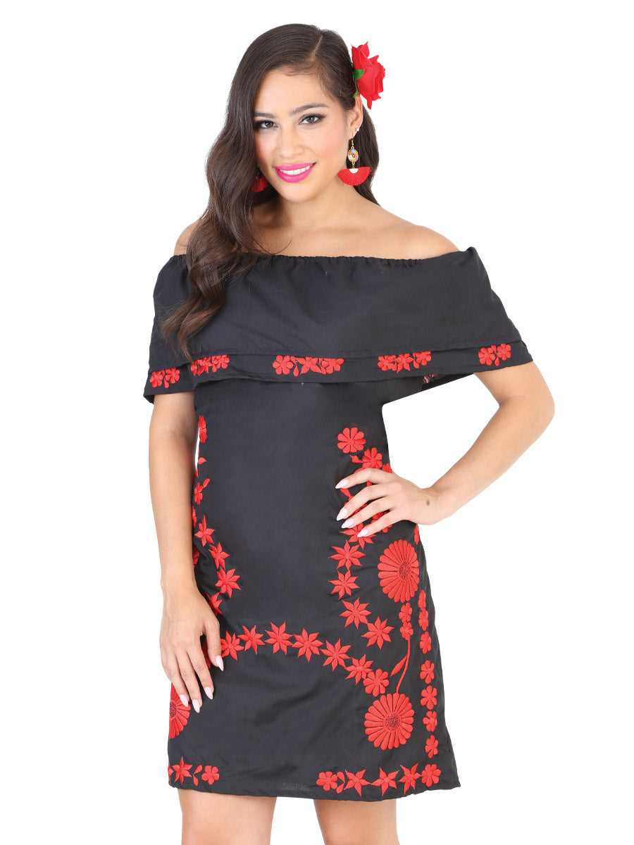 Vestido Mexico Artesanal Bohemio % Popelina Negro/Rojo