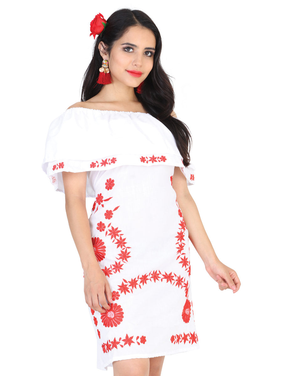 Vestido Mexico Artesanal Bohemio % Popelina Blanco/Rojo