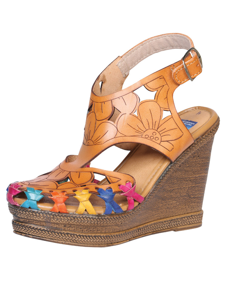 Piel Huarache Plataforma Mexico Artesanal Flor Marcado Natural