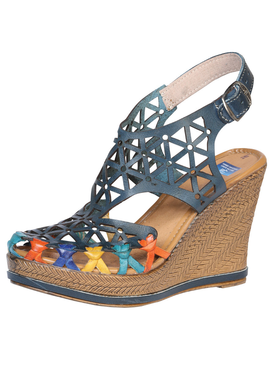 Piel Huarache Plataforma Mexico Artesanal Topacio Azul