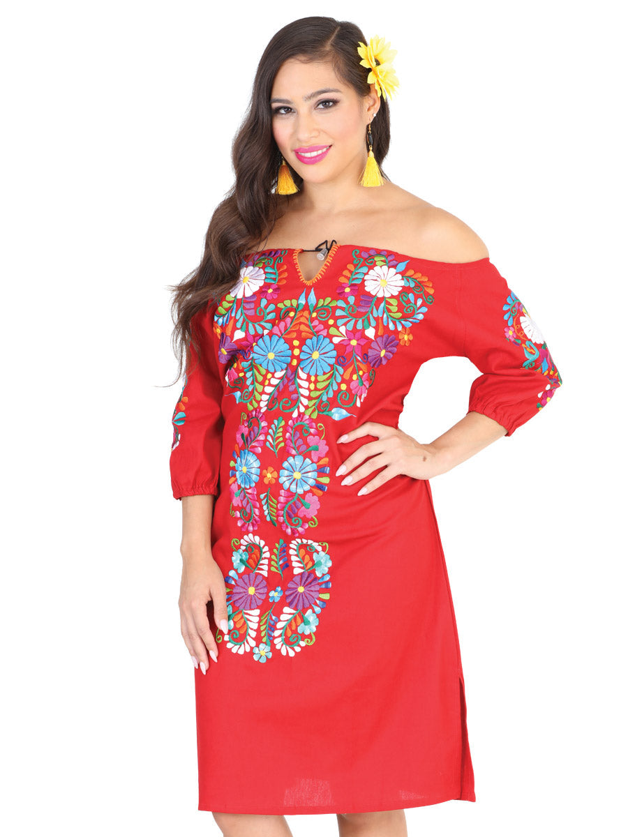 Vestido Mexico Artesanal Floral 50% 50% Rojo