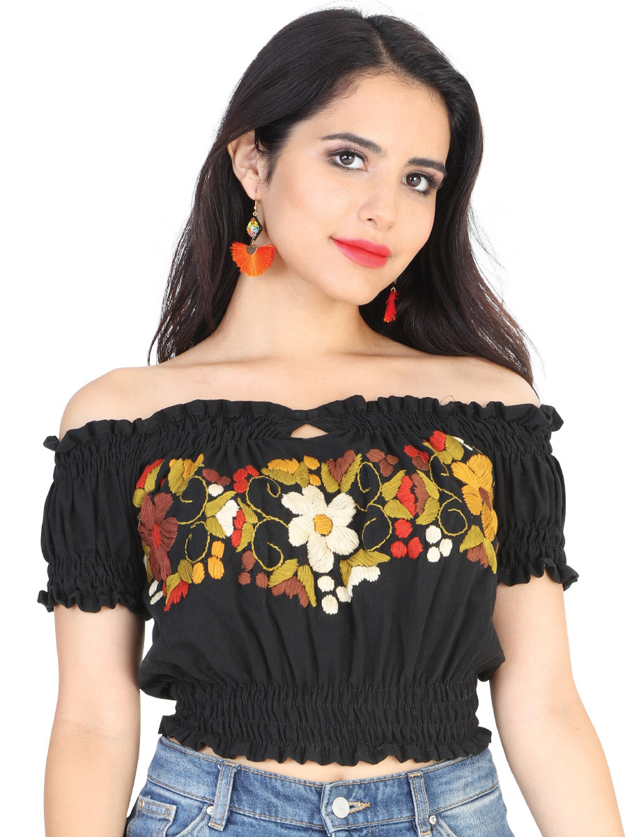 Camisa Casual de Mujer México Artesanal Bordada Artesanal en 100% Algodón Color Negro 601984