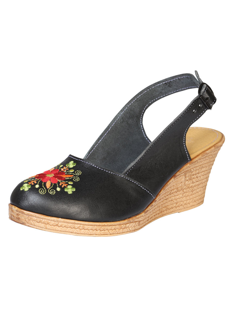 Piel Huarache Plataforma Mexico Artesanal Bordado Negro