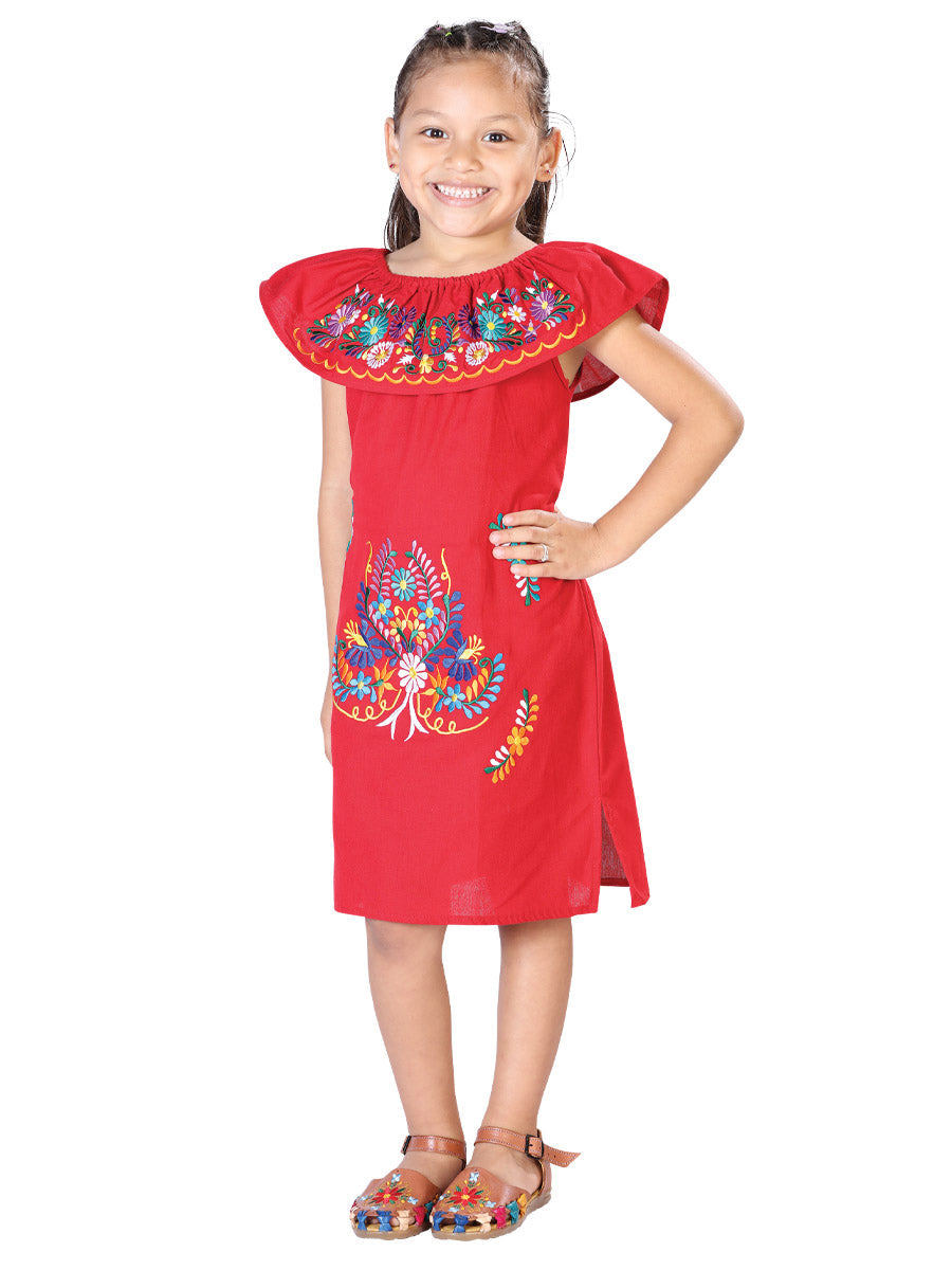 Vestido Mexico Artesanal Bordado En Medio % Rojo