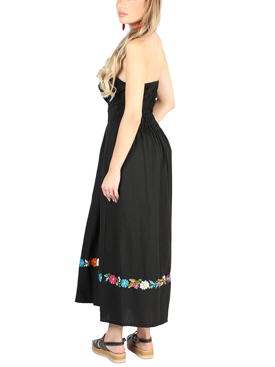 Artesanal Bordado Vestido 100% Algodón Negro 604053