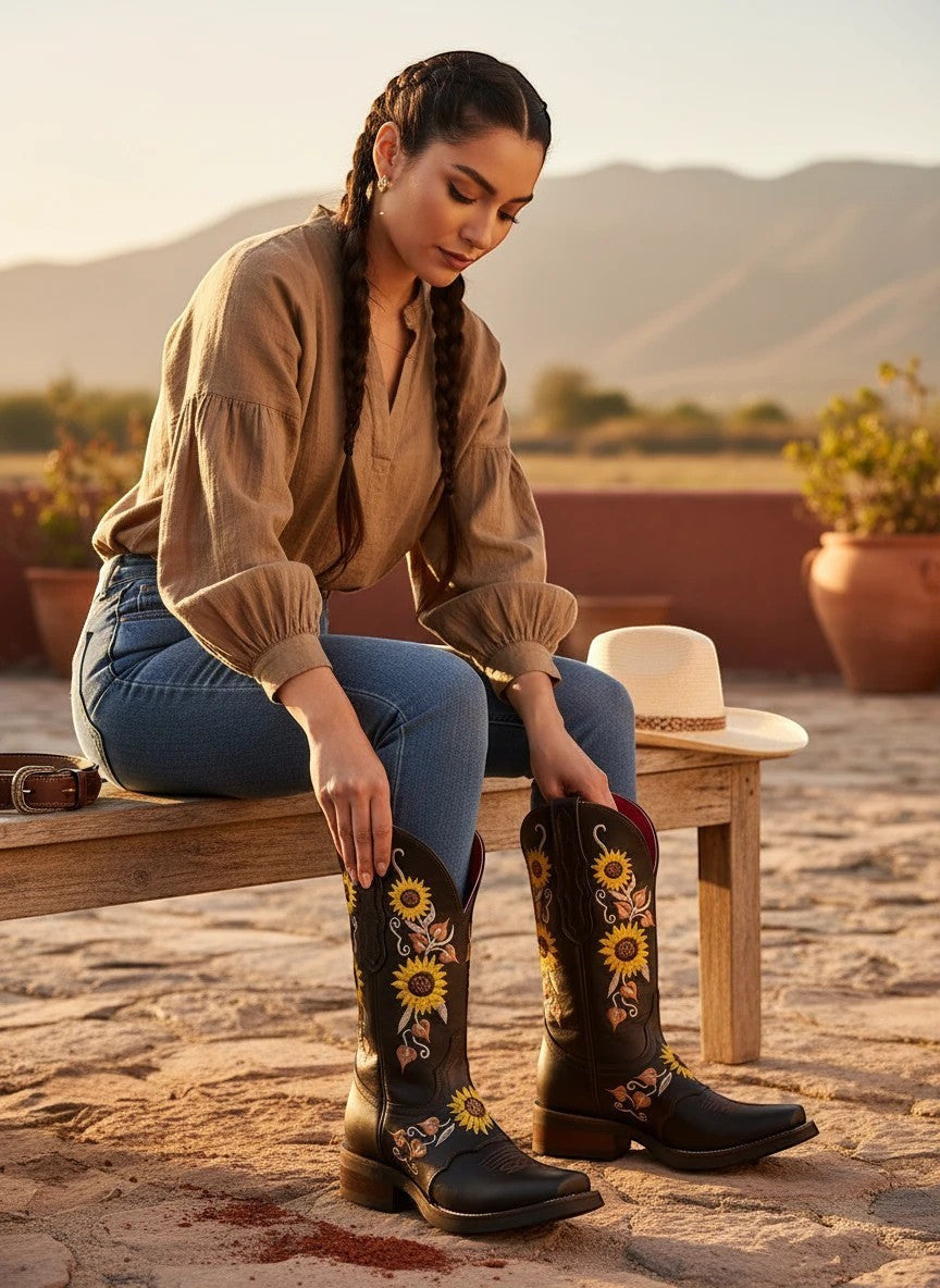 Mujer usando botas vaqueras RAVAC de piel nobuck café con bordados de girasoles en un entorno campestre al atardecer.