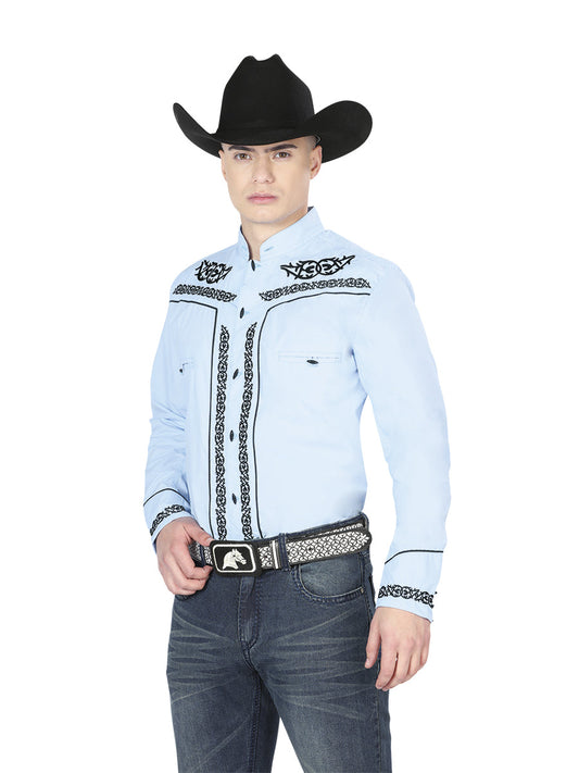 Camisa Vaquera de Hombre El Señor de los Cielos Manga Larga Bordada Charro en 65% Poliéster 35% Algodón Color Azul/Negro 40785