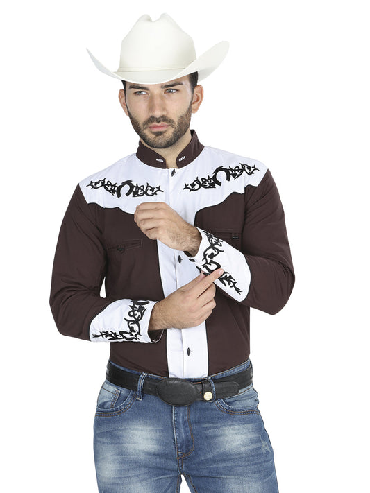Camisa Vaquera de Hombre El General CHC063 Manga Larga Bordada en 65% Poliéster 35% Algodón Color Café 40793
