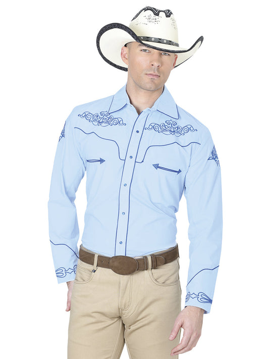Camisa Vaquera de Hombre El General Mch-02-03 Manga Larga Bordada en 65% Poliéster 35% Algodón Color Azul 40985