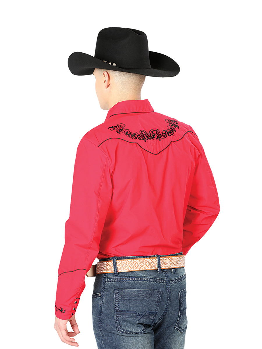 Camisa Manga Larga El General Bordado Vaquero Rojo/Negro