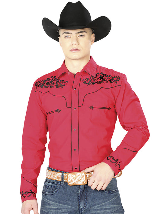 Camisa Vaquera de Hombre El General Manga Larga Bordada Casual en 65% Poliéster 35% Algodón Color Rojo/Negro 40989