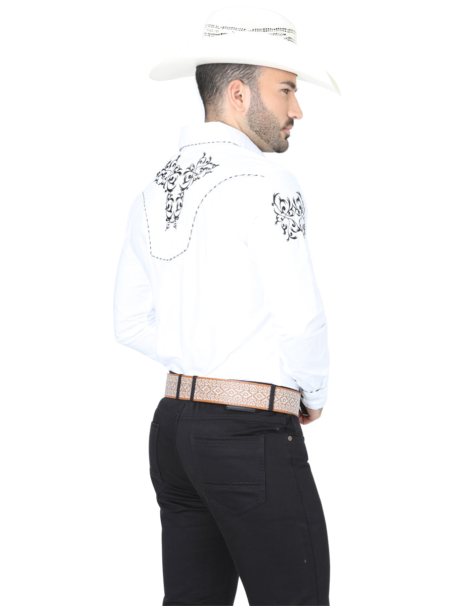 Camisa Manga Larga El General Bordado Vaquero Blanco/Negro