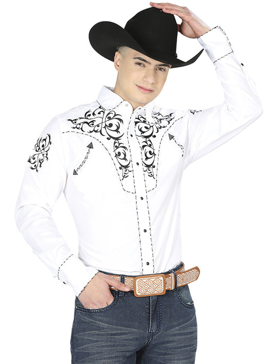 Camisa Vaquera de Hombre El General Manga Larga Bordada Casual en 65% Poliéster 35% Algodón Color Blanco/Negro 40991