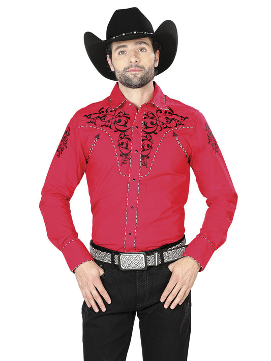 Camisa Vaquera de Hombre El General Manga Larga Bordada Casual en 65% Poliéster 35% Algodón Color Rojo/Negro 40992